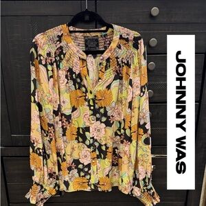 Johnny Was Silk Floral Blouse - Black, Yellow, Pink, Mint